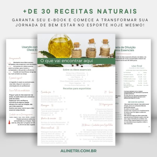 E-book sobre óleos essenciais para atletas com dicas de uso, receitas e tabela de diluição.