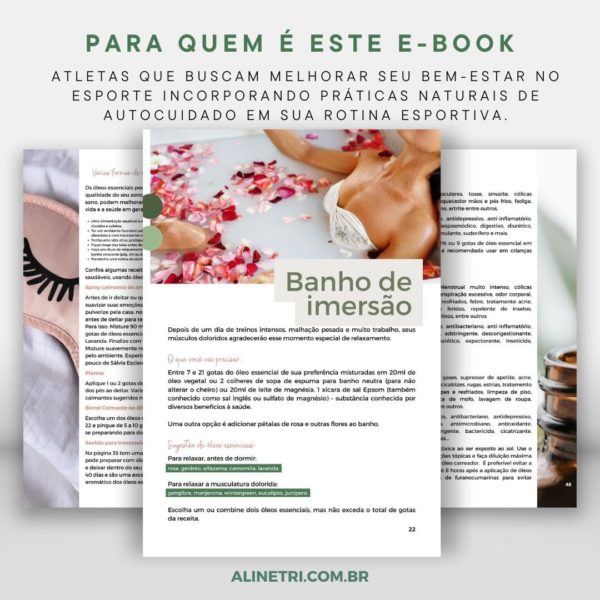 Imagem promocional do e-book "Autocuidado para Atletas com Óleos Essenciais", com foco em receitas para banho relaxante e alívio de dores musculares.