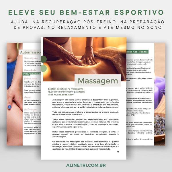 Imagem de uma massagem com informações sobre o uso de óleos essenciais para recuperação pós-treino e bem-estar de atletas.